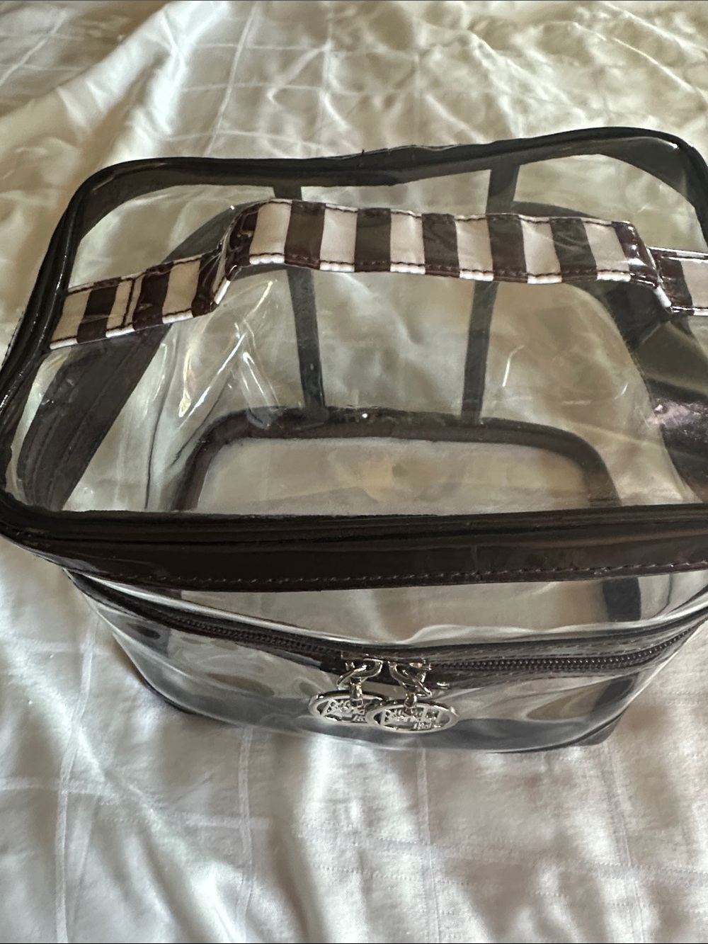 Henri Bendel Clear Cosmetic Train Case with Brown Trim + Brown Polka Dot Pouch - Picture 3 of 10